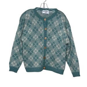 Vintage Accordeon Blue Long Sleeve Cardigan Sweater Size M Argyle Knitted Y2K